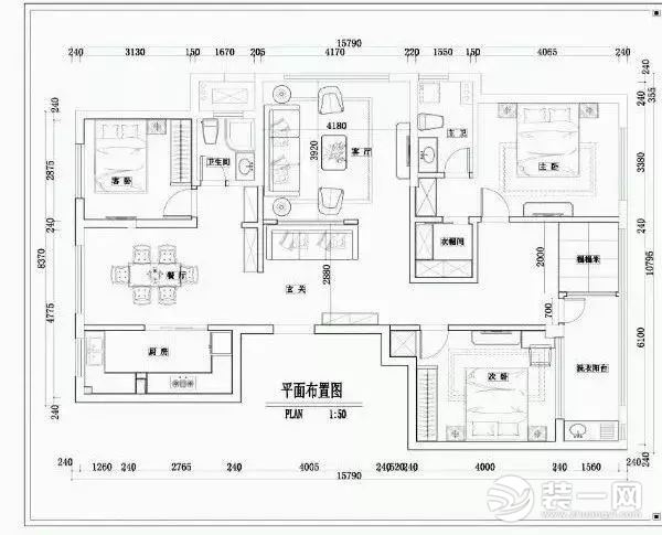 中式古典风格四居室平面布置图