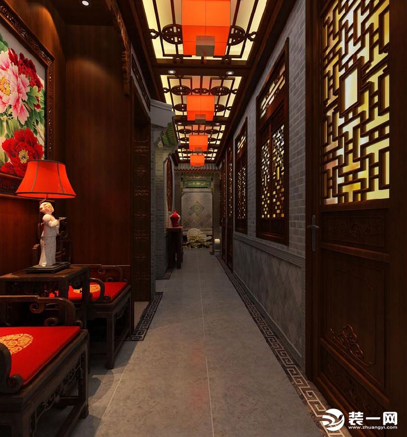 中式饭店装修效果图店内走廊中式风格设计效果