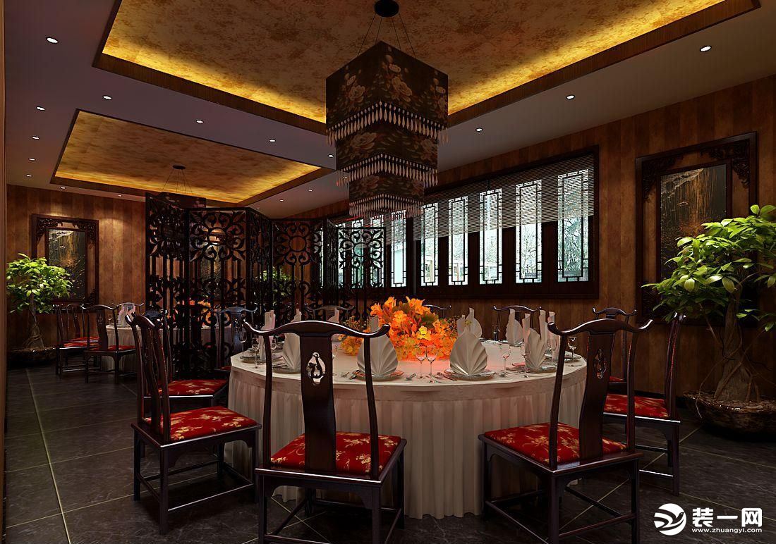 中式饭店装修效果图稳重深色系大厅装修设计