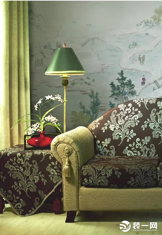 中式花鸟墙纸贴图壁纸装修效果图绿色