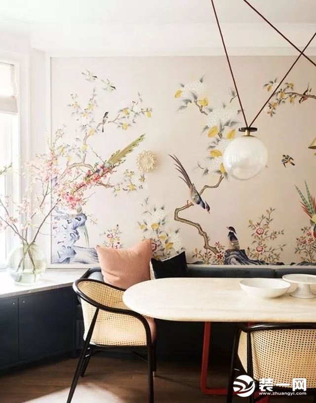中式花鸟墙纸贴图壁纸装修效果图嫩黄色