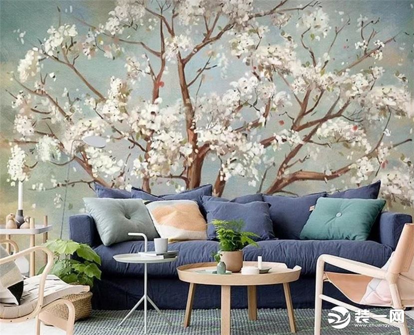 现代风格客厅花卉墙体彩绘效果图