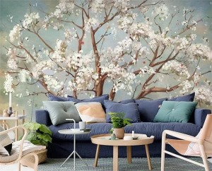 現代風格客廳花卉墻體彩繪效果圖
