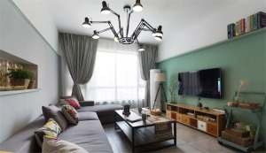 90平米小戶型現代風格綠色墻面客廳裝修效果圖