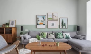 90平米小戶型現代風格綠色墻面客廳裝修效果圖