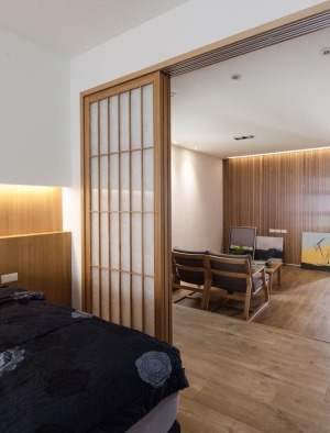一居室户型日式简约风推拉门卧室装修效果图