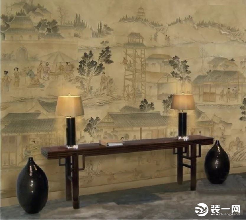 中式风格端景台花鸟墙纸贴图