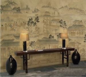 中式风格端景台花鸟墙纸贴图