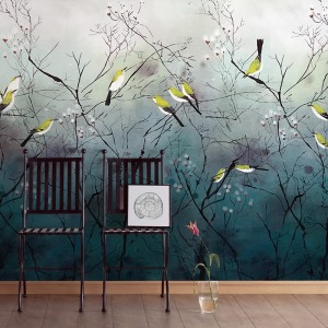 中式风格客厅花鸟墙纸贴图