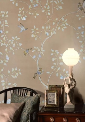 中式风格客厅花鸟墙纸贴图