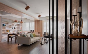 50平米小戶型一居室客廳餐廳簡約風格裝修效果圖，創意鏤空隔斷