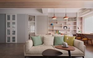 50平米小户型一居室客厅简约风格装修效果图，定制开放式书架书柜
