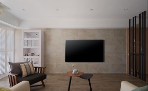 50平米小户型一居室客厅简约风格装修效果图，大理石电视墙，创意镂空隔断