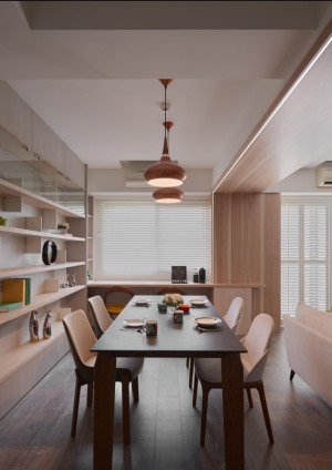 50平米小户型一居室餐厅简约风格装修效果图，定制开放式书架书柜