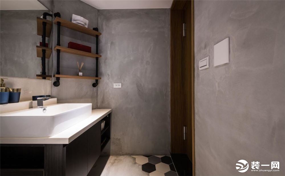 60平米小户型一居室现代工业风卧室洗手间装修，六边形地砖
