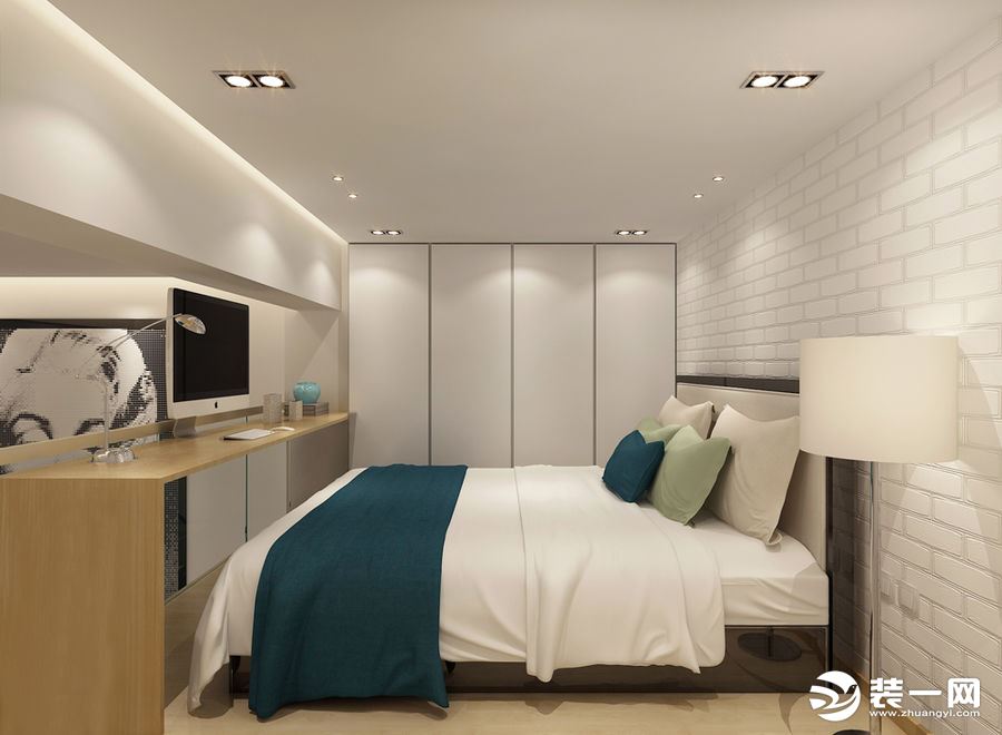 40平米复式卧室简约时尚装修-两居室小户型，顶天立地式衣柜，卧室简约电视墙