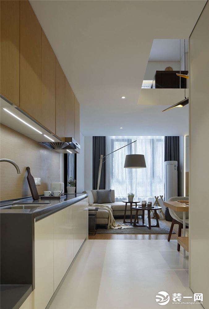 50平米复式现代简约风格玄关厨房客厅装修-一居室小户型，一字型厨房橱柜