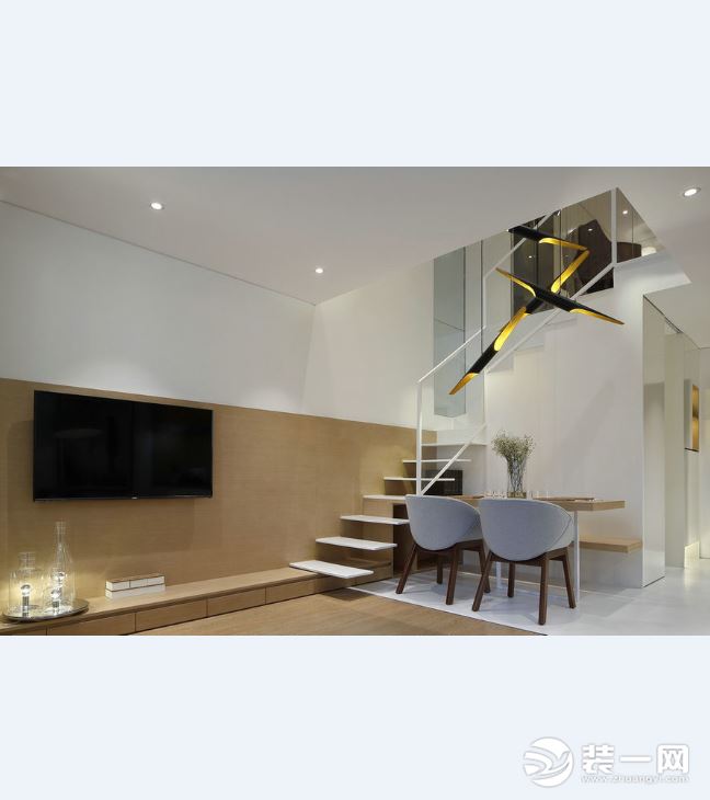 50平米复式现代简约风格客厅餐厅装修-一居室小户型，客厅电视墙拼接装修