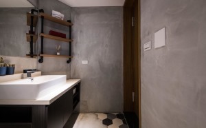 60平米小戶型一居室現代工業風臥室洗手間裝修，六邊形地磚