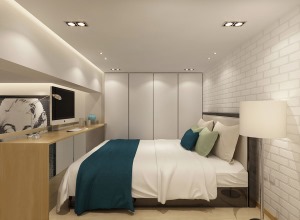 40平米復式臥室簡約時尚裝修-兩居室小戶型，頂天立地式衣柜，臥室簡約電視墻
