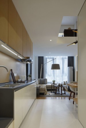 50平米復式現代簡約風格玄關廚房客廳裝修-一居室小戶型，一字型廚房櫥柜