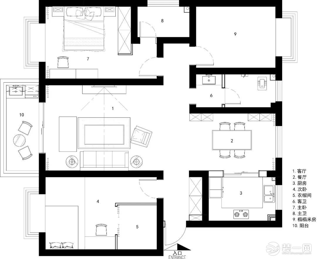 120平三居室美式设计平面图