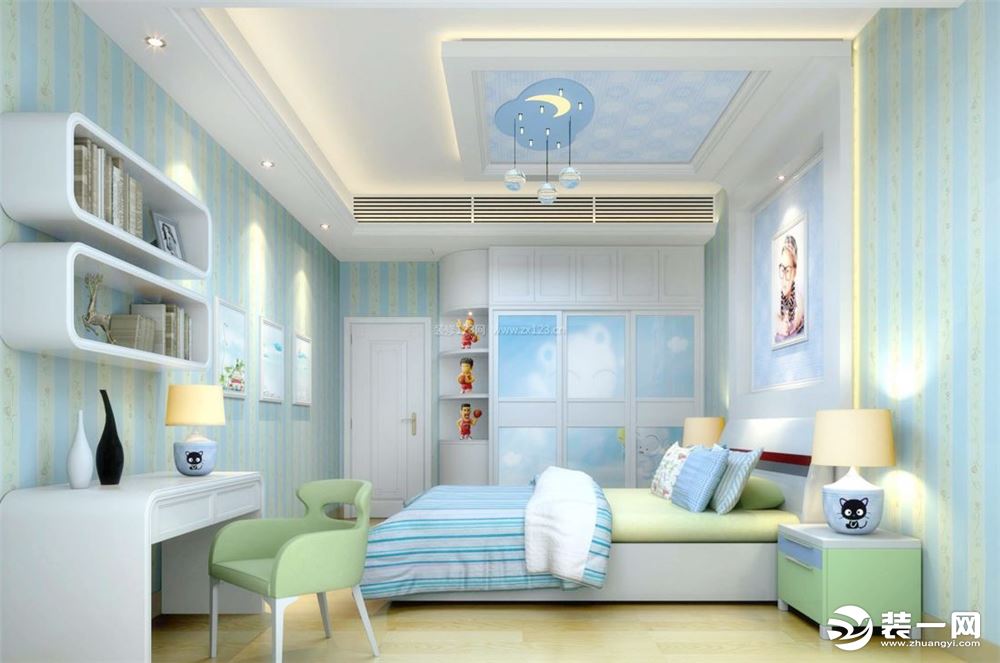 现代简约风格男孩房儿童卧室壁纸装修效果图