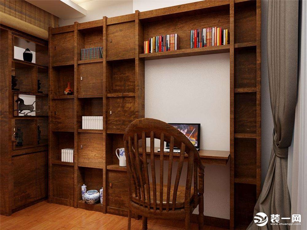 中式风格书房中式书柜书桌一体化效果图