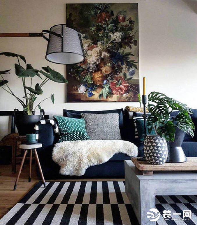 绿色系北欧风格90平米客厅沙发背景墙装修效果图