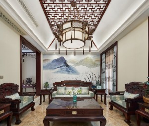 300平米中式风格别墅客厅山水画背景墙设计装修实景图