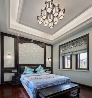 300平米中式风格别墅主卧卧室装修实景图
