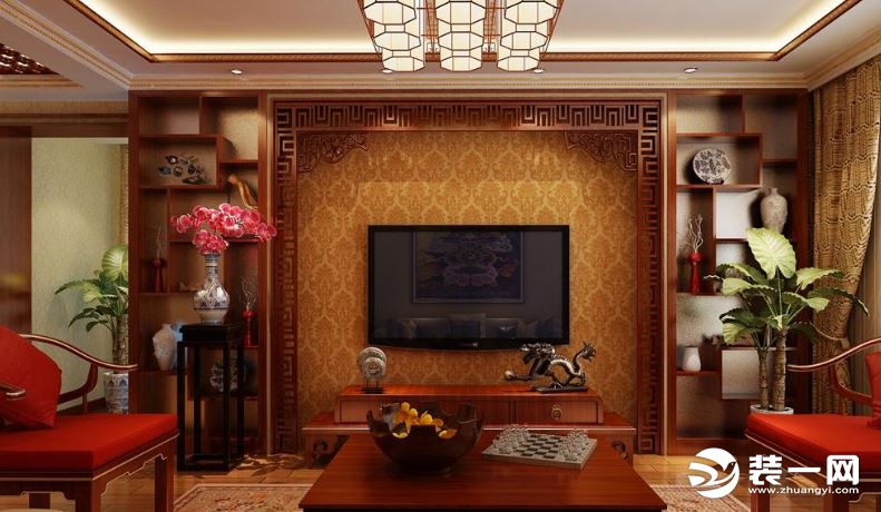 藏式风格客厅背景墙镂空设计效果图