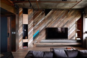 2019最新工业风格电视背景墙装修—仿古旧木工业风格电视墙设计图片