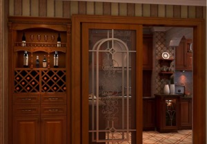 中式风格厨房移门带酒柜效果图