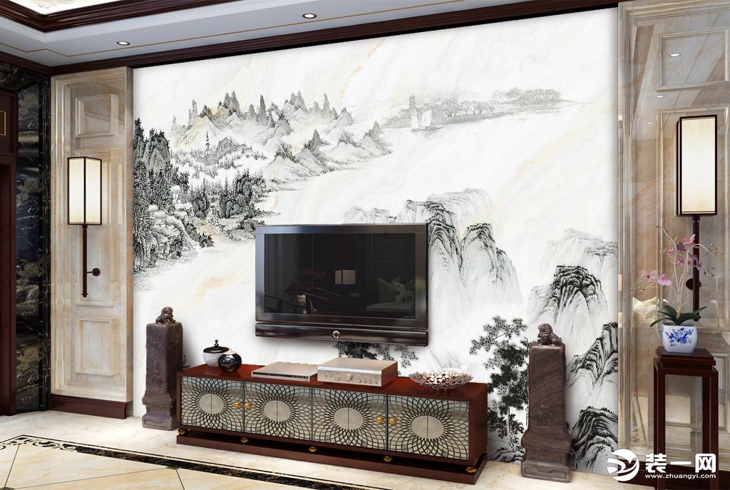 新中式风格大理石山水画电视背景墙图片