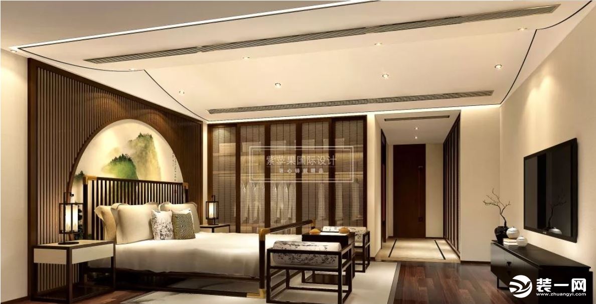 上海紫苹果国际设计280㎡新中式风格装修案例—卧室