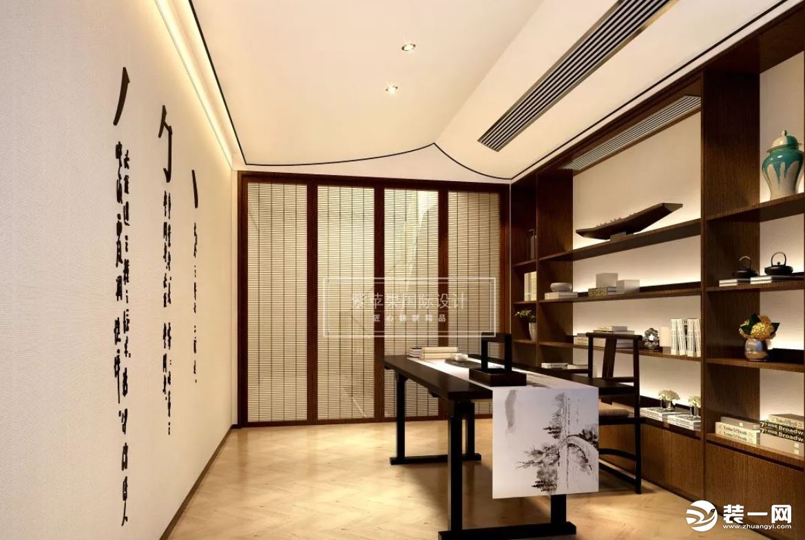 上海紫苹果国际设计280㎡新中式风格装修案例—书房