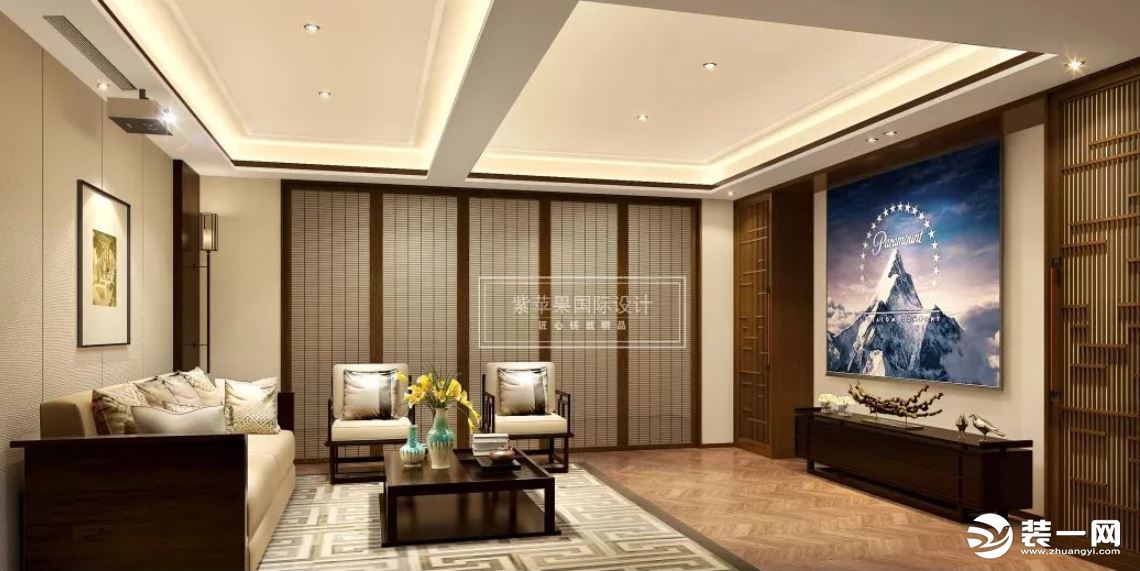 上海紫苹果国际设计280㎡新中式风格装修案例—影视厅