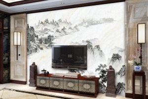 新中式風格大理石山水畫電視背景墻圖片