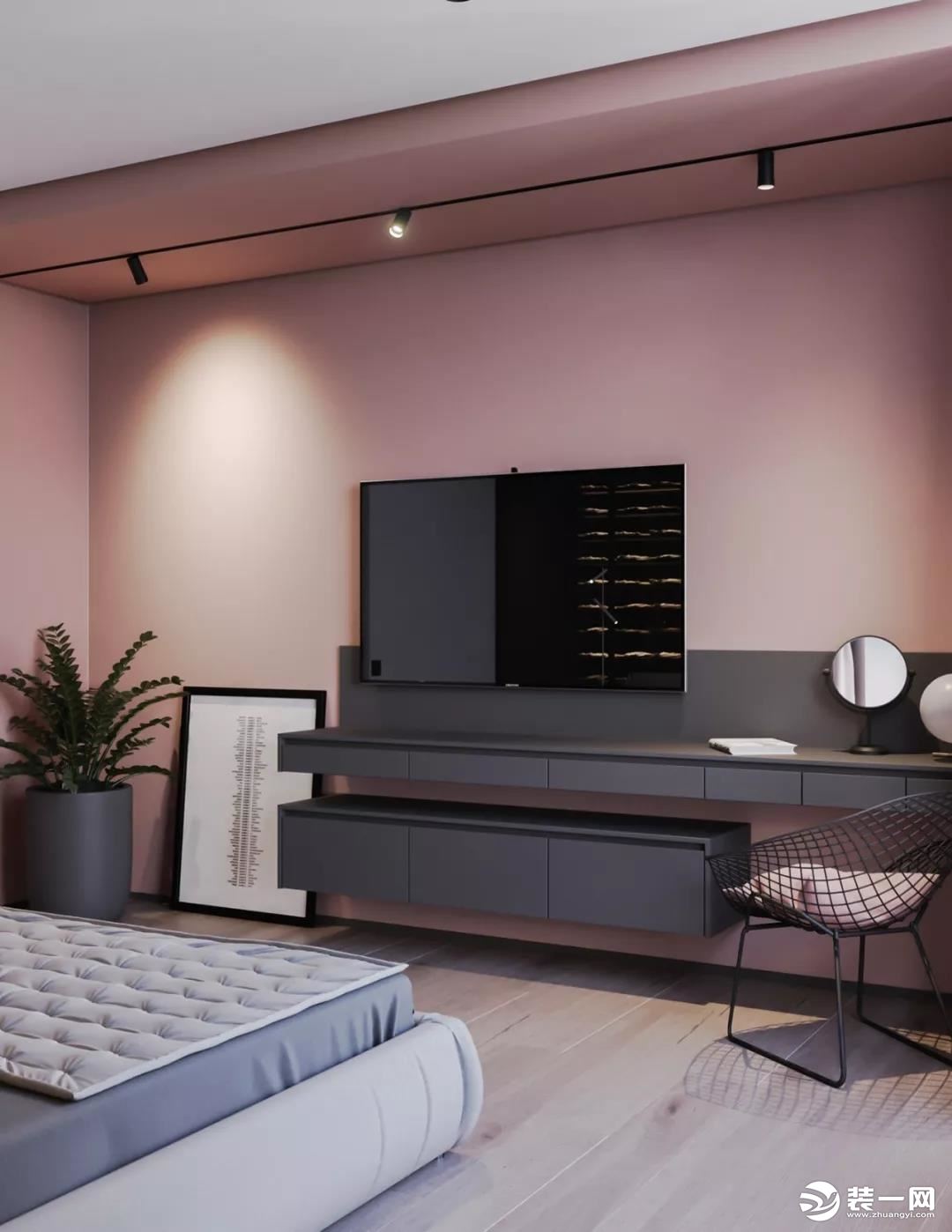 粉色公寓卧室电视效果图
