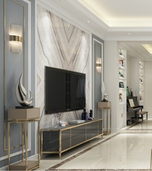300平米復式別墅裝修圖片—輕奢風格客廳電視墻設計展示