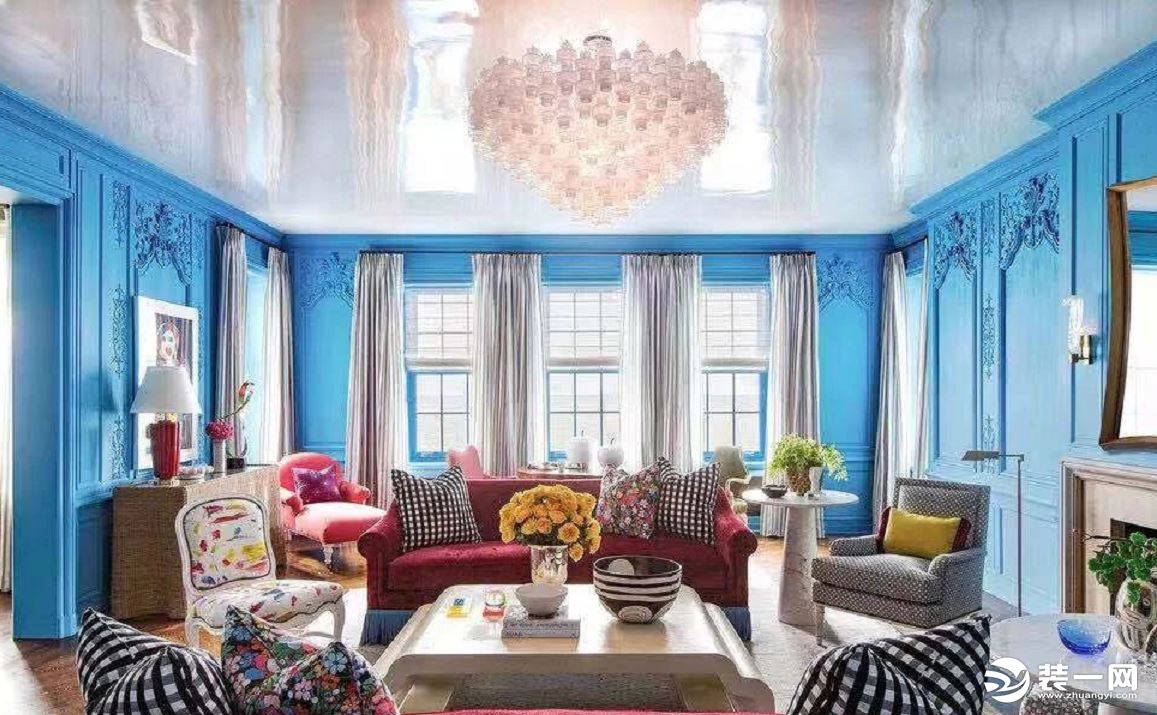 复古轻奢风格小别墅公寓装修图片—蓝色客厅背景墙展示