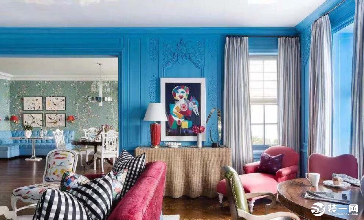 蓝色系复古风格背景墙设计亮色背景图片