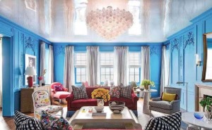 复古轻奢风格小别墅公寓装修图片—蓝色客厅背景墙展示