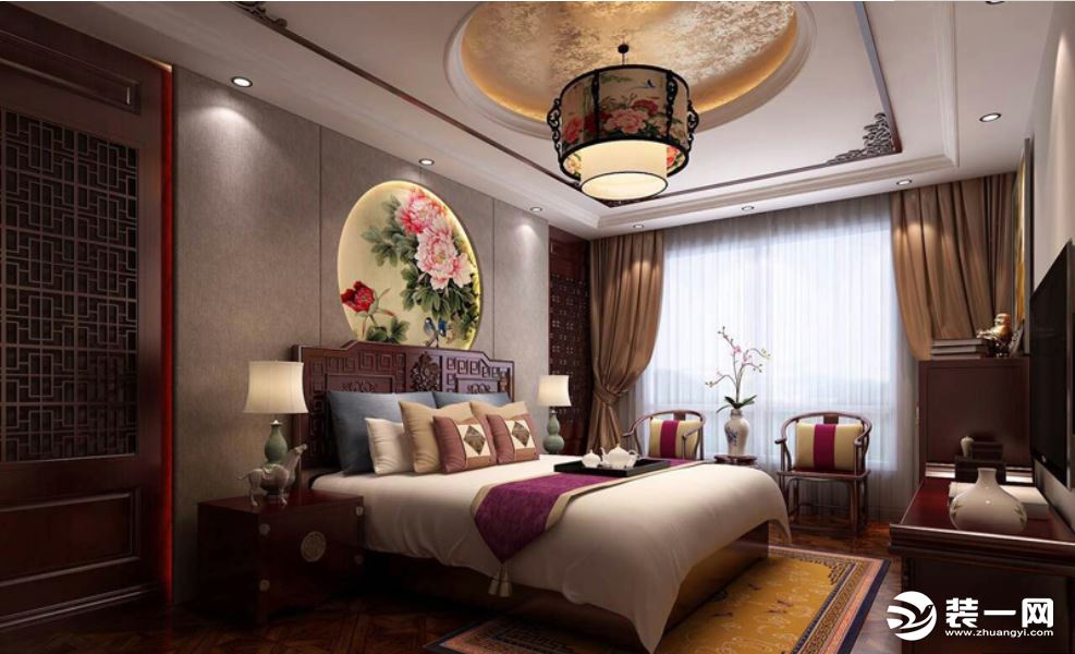 新中式风格别墅四居室装修图片—卧室