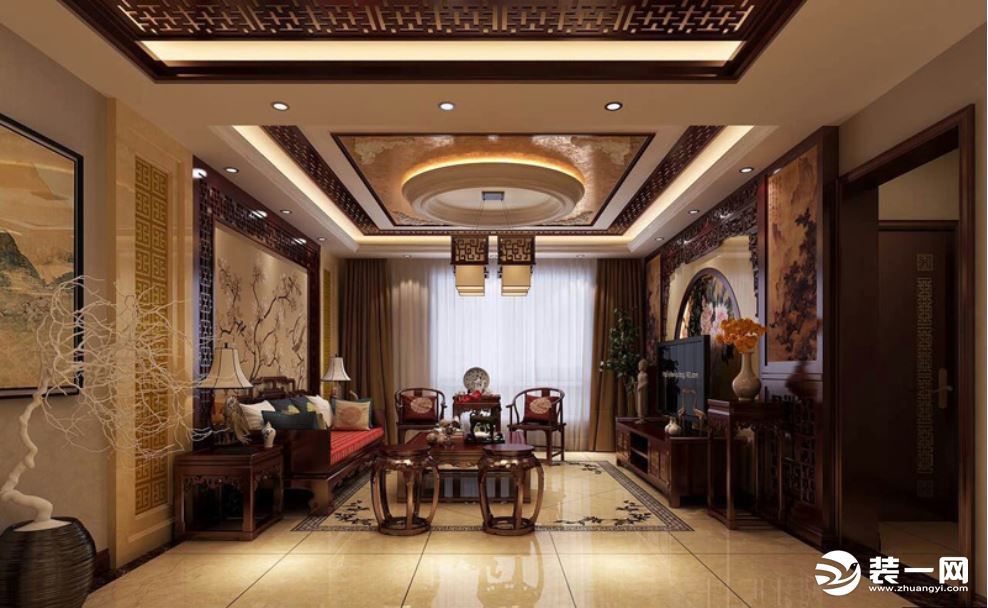 新中式风格别墅四居室装修图片—客厅