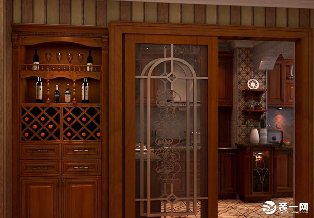 中式风格厨房移门两边酒柜设计图片