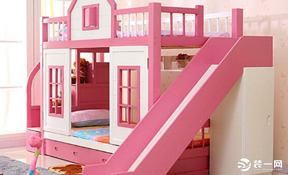 粉红带滑梯儿童床设计效果图