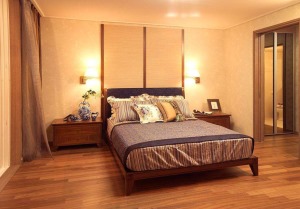 现代中式温馨风格竹木地板卧室装修效果图片