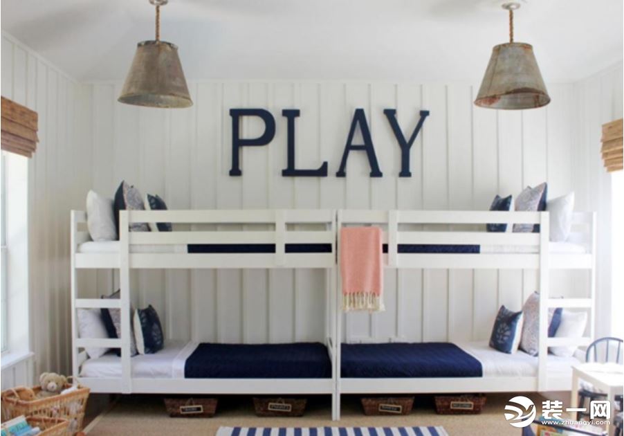 双人床布置装修—儿童卧室儿童床设计摆放图片